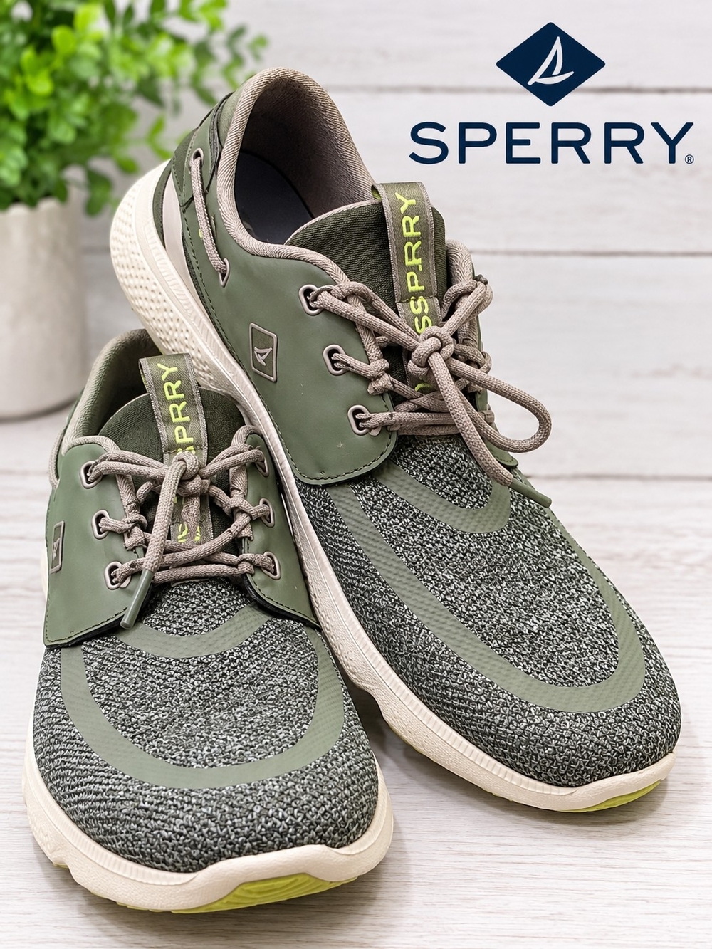 Sperry Olive Green Knit Lace-Up Boat Sneakers